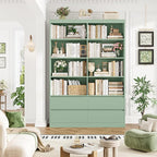 FINETONES 71" Bookshelf with Drawers, 47.3" Double Wide Bookshelves and Bookcases with Storage, Tall Bookshelf Large Open Book Shelf Standing Book Case for Home Office, Green