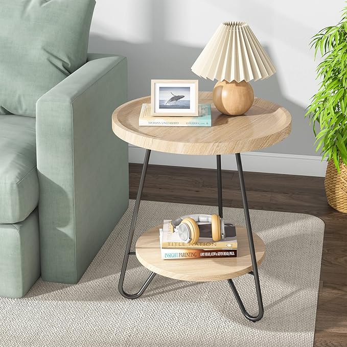 Tribesigns Round Side Table, 2-Tier End Table with Metal Legs, Modern Industrial Beside Table, Small Accent Table Snack Table for Living Room, Bedroom, Small Space, Easy Assembly, Wood Color