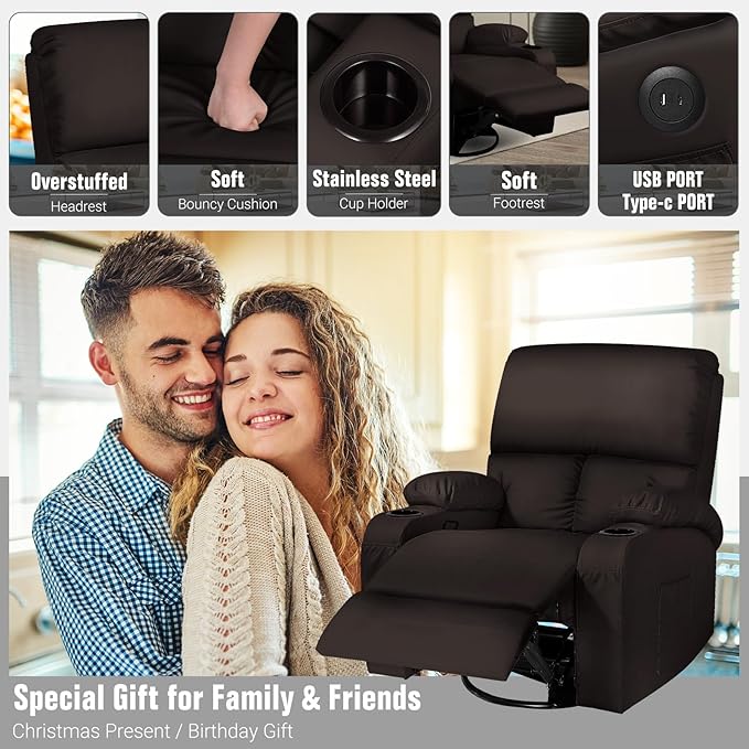 LEVELEVE Rocking Recliner Chair, Massage Rocker Recliner Chair with Vibration Massage and Heat, USB and Type-C Ports,360° Swivel Faux Leather Chairs, Living Room, Bedroom, Nursery, RV, Brown