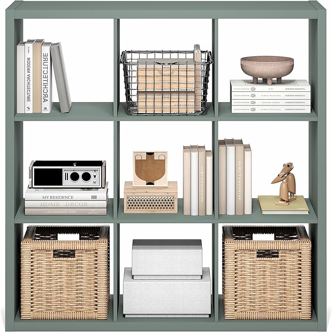 Furinno Cubicle Book Shelf, 9-Cube Thick Frame Bookshelf, Reversible Bookcase with Open Back, 14.6" x 43.8" x 43.8", for Living Room, Bedroom, Home Office, Sage Green