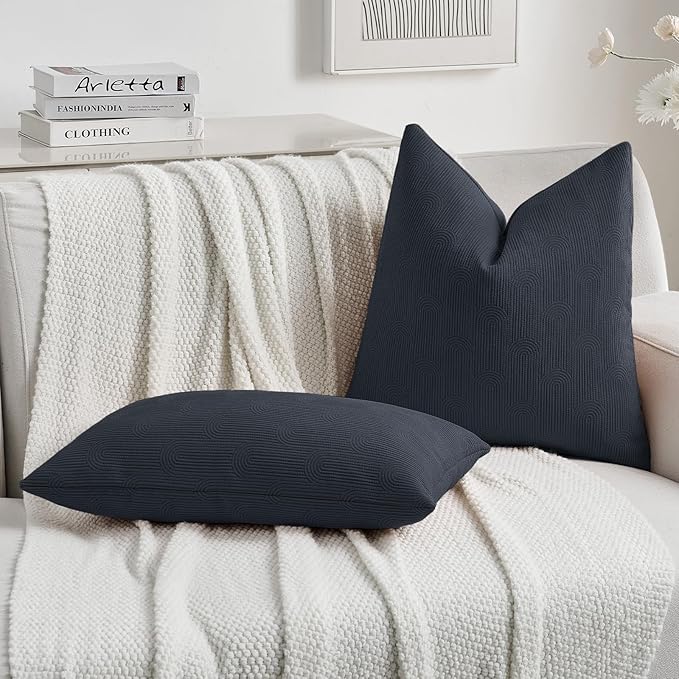 FUTEI Navy Blue Chenille Decorative Throw Pillow Covers 22x22 Inch Set of 2,Soft Cozy Striped Geometric Patterns Cushion Cases,Modern Home Decor for Couch Bed Living Room