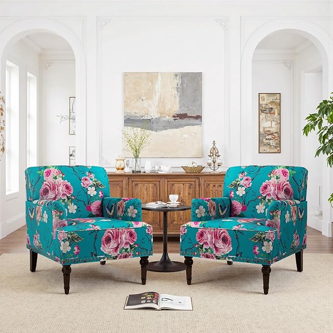 Pia Ricco Floral Accent Chair: Modern Nailhead Trim Armchair with Wood Legs - Upholstered Reading Chair for Living Room, Bedroom, Home Office