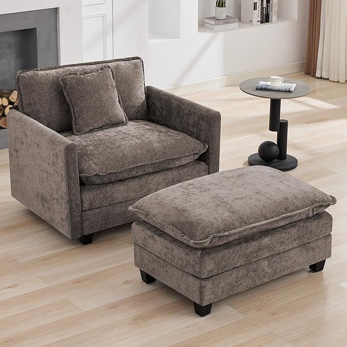 35‘’ Modern Chenille Cloud Sofa Ottoman,Rectangle Ottoman for Modular Sectional Sofa, Brown