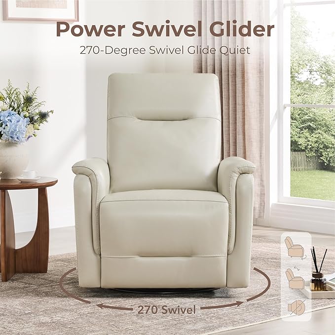 Watson & Whitely Genuine Leather Power Recliner Chairs W Power Headrest for Adults, Swivel Glider Recliner Chair W Charging Ports for Living Room, Light Grey