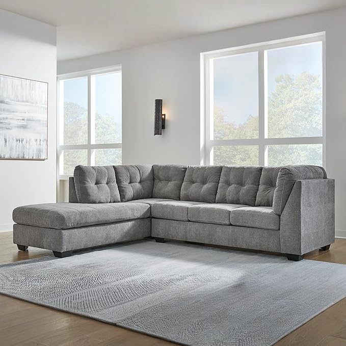 Signature Design by Ashley Marleton Contemporary Left-Arm Facing Tufted 2-Piece Sleeper Sectional with Chaise, Loose Seat Cushions and Bi-Fold Memory Foam Mattress, Full, Light Gray
