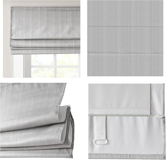 Madison Park Galen Cordless Roman Shade, 27"W x 64"H, Sheen Grey – Room Darkening, Thermal Insulated, Energy Efficient Window Blind with Subtle Sheen Basketweave Fabric for Privacy