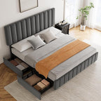 Garvee King Size Bed Frame with 4 Storage Drawers, Adjustable Height Headboard, Linen Upholstered Platform Bed Frame, No Box Spring Needed, Easy Assembly, Grey