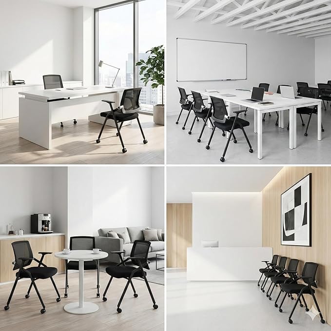 10 Pack Stackable Conference Room Chairs with Paddle Folding Office Chair Foldable Desk Chair Mesh Back and Arms for Conference Meeting Guest Reception Home Office Training Room Chair Black