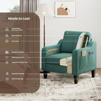 Accent Chair for Living Room Modern Linen Upholstered Armchair Side Wooden Fabric Sofa Chair with Foldable Table 2 Side Pockets Comfy Reading Chair for Bedroom