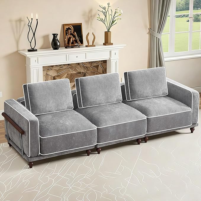 112" Cloud Modular Sectional Sofa,Oversized Deep 3 Seater Couch with Armrests Wooden Legs,Comfy Thicked Cushion Upholstered Sofa for Living Room Bedroom,Light Grey