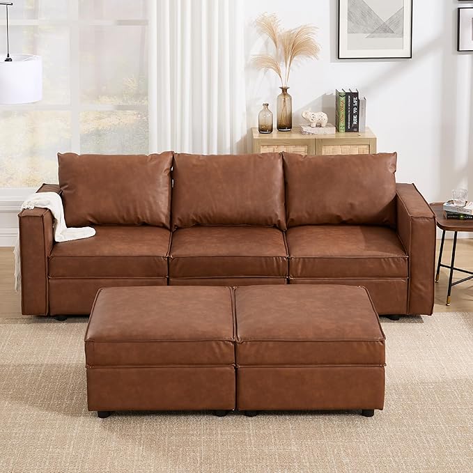 U Shaped Brown Leather, 90 Inches Cloud Modular Sectional Sofa, Modern Convertible Comfortable Sofa for Living Room/Apartment