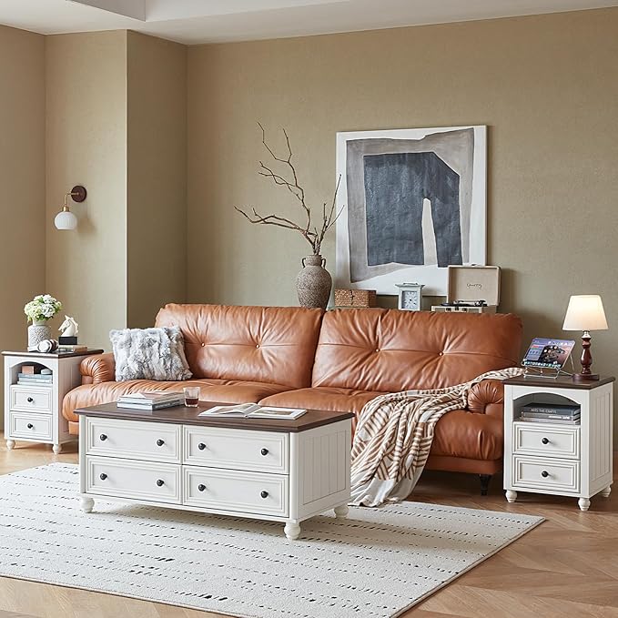 Farmhouse Dressers and Night Stand Set of 3, Wood 43.5'' Tall Dresser and 18'' Wide Chest of Drawers, Roman Column Nightstand Set of 2, Bedroom Furniture Dresser Suites for Living Room, Hallway, Home