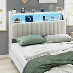 VINGLI Queen Size Headboard Only, Adjustable Upholstered Headboard with 2 Tier Shelves and Pegboard with Charging Stations and LED Lights, Modern Bed Headboard with Storage for Bedroom Decor