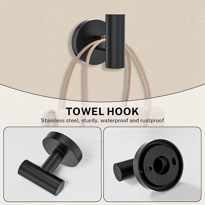 10 Pieces Towel Bar Set Matte Black Bathroom Hardware Set Includes 23.6 Inch Towel Bar,Stainless Steel Towel Holder-Towel Racks Set Wall-Mounted Bathroom Accessory Set