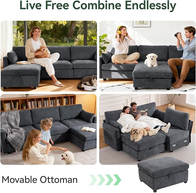 109'' Modular Sectional Sofa, L Shaped Couch with Storage Ottoman, Comfy Cloud Sofa with Deep Seat, 4 Seat Convertible Sectional Couches for Living Room (Gray, Low Legs 1.97")
