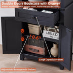 72in Tall Bookshelf 7 Tier Bookcase with Drawer and Barn Doors and Adjustable Shelves, Black Farmhouse Book Shelf with Storage Cabinet, Wood Freestanding Display Bookshelves for Kitchen (3PCS)