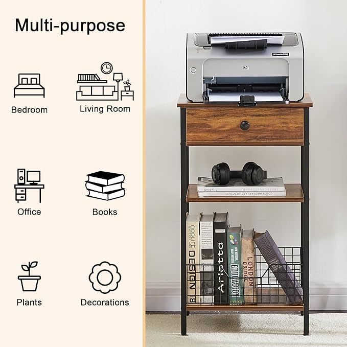 VECELO Tall End Side Tables,27 Inch Night Stand with U-Shape Basket and Storage Drawer/Shelf for Living Room/Bedroom/Small Spaces,Set of 2,Brown