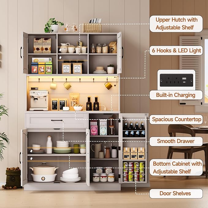 ONBRILL 71" Pantry Cabinet, Kitchen Pantry Storage Cabinet with LED Light & Outlet, Kitchen Hutch with Microwave Shelf & 6 Hooks, Door Shelves & Drawer & Adjustable Shelves, for Dining Room