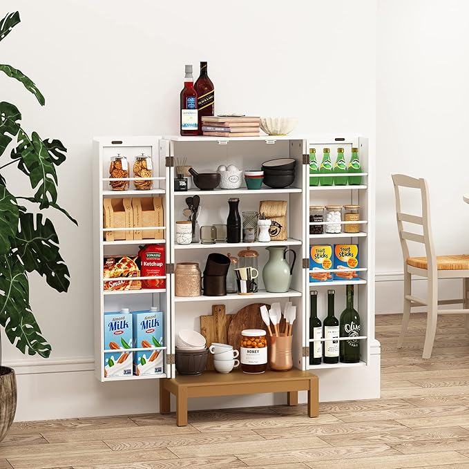 ARTPOWER 45'' Kitchen Pantry Cabinet, 4 - Layer Storage Cupboard with Adjustable Shelves for Storage Cabinet Pantry, Food Pantry Cabinet for Kitchen, Dining Room and Living Room,Gold Legs, White