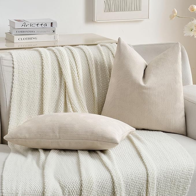 FUTEI Beige Chenille Decorative Throw Pillow Covers 24x24 Inch Set of 2,Soft Cozy Striped Geometric Patterns European Cushion Case,Modern Home Decor for Couch Bed Living Room