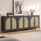 SICOTAS 68" W Rattan Sideboard Buffet Cabinet with Storage Set of 2, Modern Credenza with Arch Doors & Shelves, Boho Coffee Bar Media Console Cabinets for Kitchen, Living Room, Entryway, Black Oak