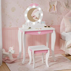 TOLEAD Girls Vanity with Lights, Mirror and Stool, Kids Make Up Vanity Set with Storage Space, Wing Pattern for Little Girls, Toddler Princess Makeup Dressing Table with Chair Set, White