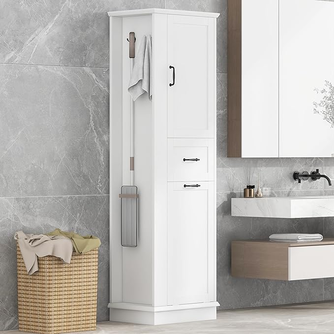 Tall Storage Cabinet, Multi-Use Bathroom Floor Freestanding Storage Cabinet with One Drawer, Adjustable Shelf, and One Tilt-Out Compartment for Bathroom, Office, Living Room, White