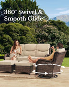 HILLGA Luxury Patio Furniture Set with 6-inch Thick Cushion, Outdoor Couch and High Back Swivel Rocker Patio Chairs, 8PCS Wicker Conversation Set for Deck Yard and Poolside, Beige (V2)