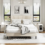 Queen Size Platform Bed Frame with Upholstered Headboard, Wooden Slats Support, Noise Free, No Box Spring Needed, Easy Assembly, Beige, Velvet