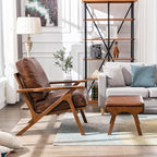 Brown Leather Accent Chair and Ottoman, Mid Century Modern Arm Chair, Retro Upholstered Armchair with Wood Frame & Removable PU Cushions, Large Leisure Slipper Chair for Living Room/Bedroom, Set of 2