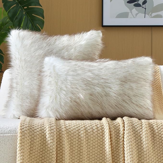 FUTEI Coffee White Decorative Throw Pillow Covers 12x20 Inch Set of 2,Soft Fluffy Faux Fox Fur Textured Lumbar Pillow Case,Modern Home Decor for Couch Living Room