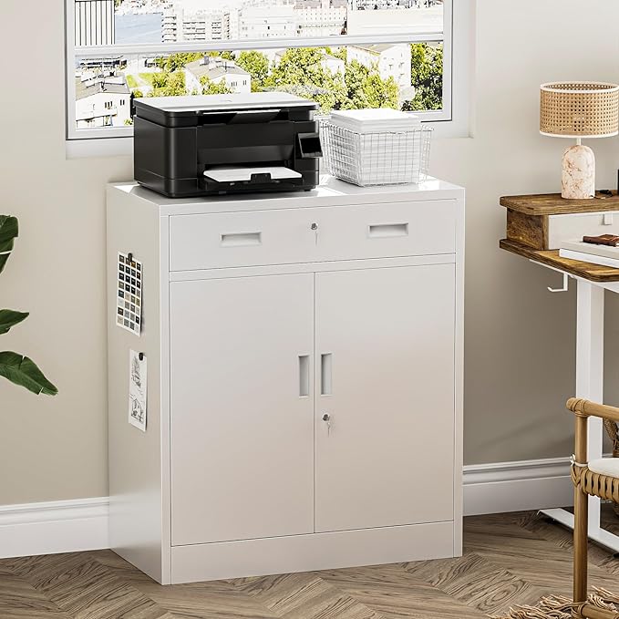 Metal Storage Cabinets with Drawer, 36”H Lockable Storage Cabinet with Doors and Adjustable Shelves, Small White Steel File Cabinet for Home, Office, Warehouse, School, Assembly Required
