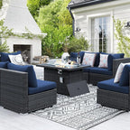 NICESOUL 7 Piece Large Outdoor Patio Furniture Set with Fire Pit Table Gas/Propane, 29.3'' High Back Rattan Modular Sectional Sofa, Extra Wide Conversations for Backyard, 2 Color Cushion Navy & Gray