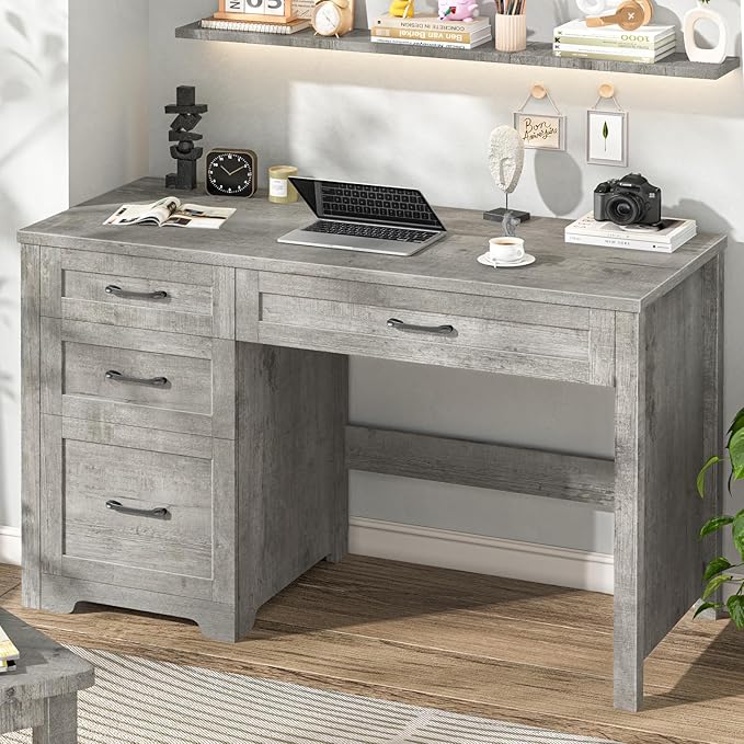 Vabches Farmhouse 47" Executive Desk with File Drawer, Wood Computer Desk with 3 Storage Drawers, Workstation for Home Office, Study, Writing.Grey.