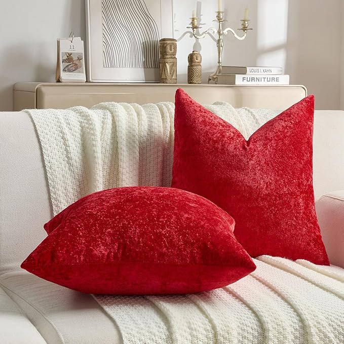 FUTEI Christmas Red Flannel Throw Pillow Covers 26x26 Inch Set of 2,Soft Dimensional TextuChristmas Red Euro Pillow Shams,Modern Home Decor for Couch Living Room