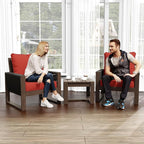Patio Chairs 3 Piece Wood Patio Furniture with Coffee Table & Cushions, PE Wicker Outdoor Conversation Set Balcony Chairs for Garden, Porch, Deck, Backyard