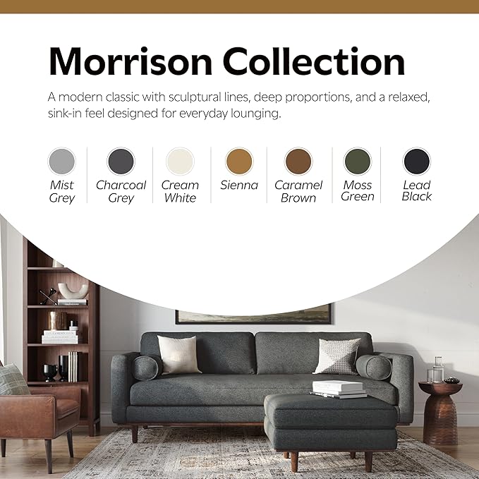 SIMPLIHOME Morrison Mid-Century Modern 89 inch Wide Sofa with Ottoman Set in Charcoal Grey Tightly Woven Performance Fabric for the Living Room and Family Room