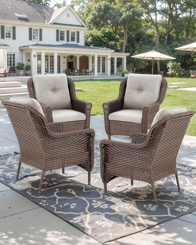 Patio Wicker Chairs Outdoor Furniture Chair - Set of 4 Outside All Weather Lawn Dining Brown Rattan Armchair with High Back&Deep Seating for Deck Porch Balcony Backyard Garden - Beige