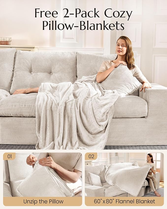 High Back Boneless Couch, L Shaped Cloud Couch with Versatile 2-Pack Pillow Blankets, Corduroy Modular Sectional Sofa with Ottoman, No Assemble Sectional Couches for Living Room, Warm White