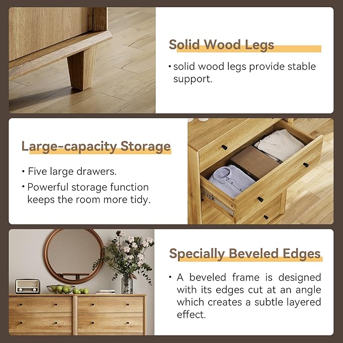 10 Drawer Dresser for Bedroom, 2 in 1 Tall Modern Chest of Drawers, Beveled Profile Design, Wood Drawer Organizer for Bedroom, Living Room, Hallway and Entryway,Oak