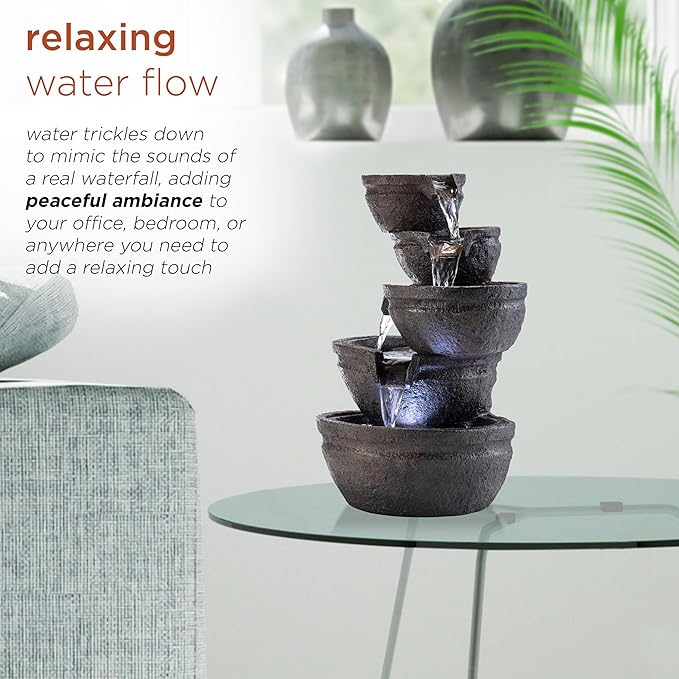 Alpine Corporation WIN1138 13" Indoor Tabletop Tiering Bowls Water Fountain with LED Lights – Cascading Water Feature for Home, Office, Meditation, and Relaxation, Dark Gray