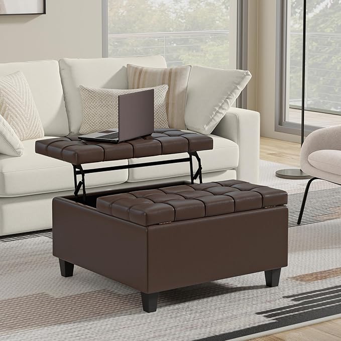 SIMPLIHOME Harrison 30 inch Wide Transitional Square Small Coffee Table Storage Ottoman in Chocolate Brown Vegan Faux Leather, Assembled, for The Living Room and Bedroom