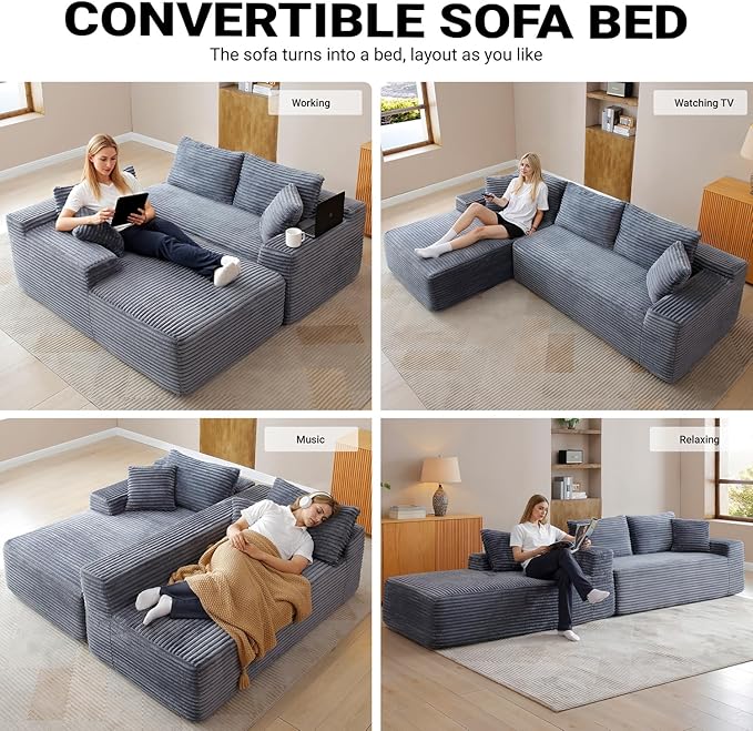 108 Inch Cloud Sectional Couch,Modern Modular Sectional Sofa with Deep Seat,Corduroy Boneless Couches with L-Shape Chaise for Living Room,No Assembly Required (Grey, Left Facing Chaise)