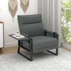 Upholstered Accent Chair, Modern Faux Leather Sofa Chair with Foldable Side Tray Table & Storage Pocket, Small Accent Sofa for Living Room, Bedroom, Reception Room, Gray
