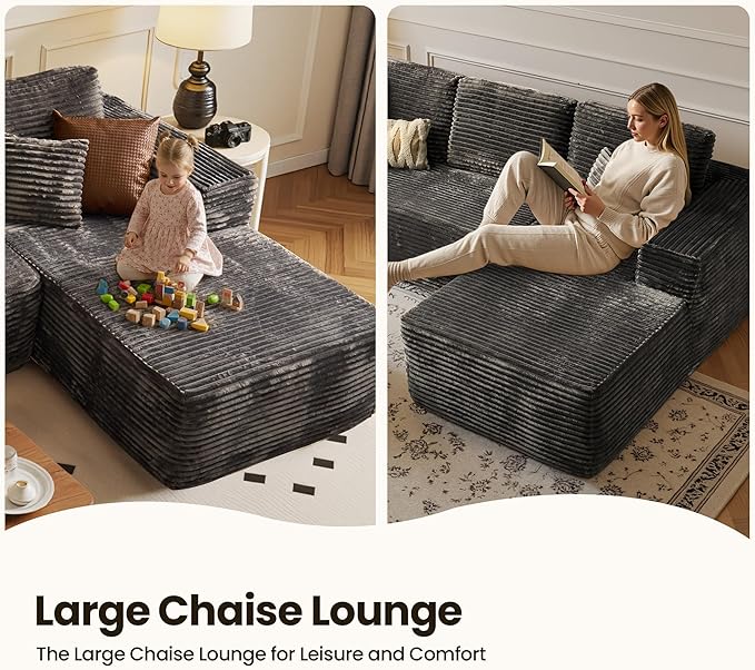 104" Cloud Sectional Couch with Chaise, Boneless L-Shaped Cloud Couch with Deep Seat, Soft Plush Modern Minimalist Sofa, Assembly Free Comfy Sofa for Office Living Room Apartment(Grey, Right Chaise)