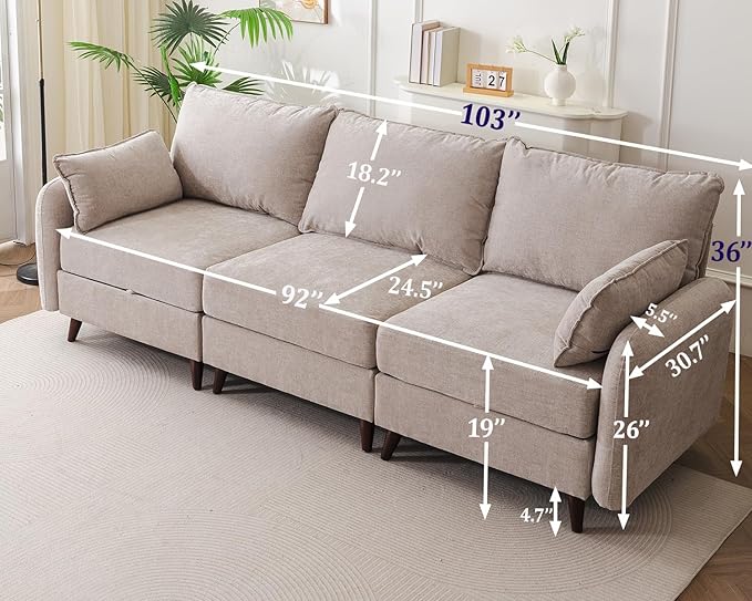 104'' Modular Sectional Sofa with All Seats Storage,Oversized 3-Seater Comfy Cloud Couches with Deep Seat,Big Couch for Living Room,Bedroom,Velet,Khaki
