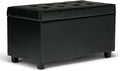 SIMPLIHOME Cosmopolitan 34 inch Wide Transitional Rectangle Storage Ottoman in Midnight Black Vegan Faux Leather, Assembled, For the Living Room, Entryway and Family Room