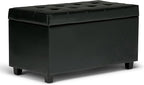 SIMPLIHOME Cosmopolitan 34 inch Wide Transitional Rectangle Storage Ottoman in Midnight Black Vegan Faux Leather, Assembled, For the Living Room, Entryway and Family Room