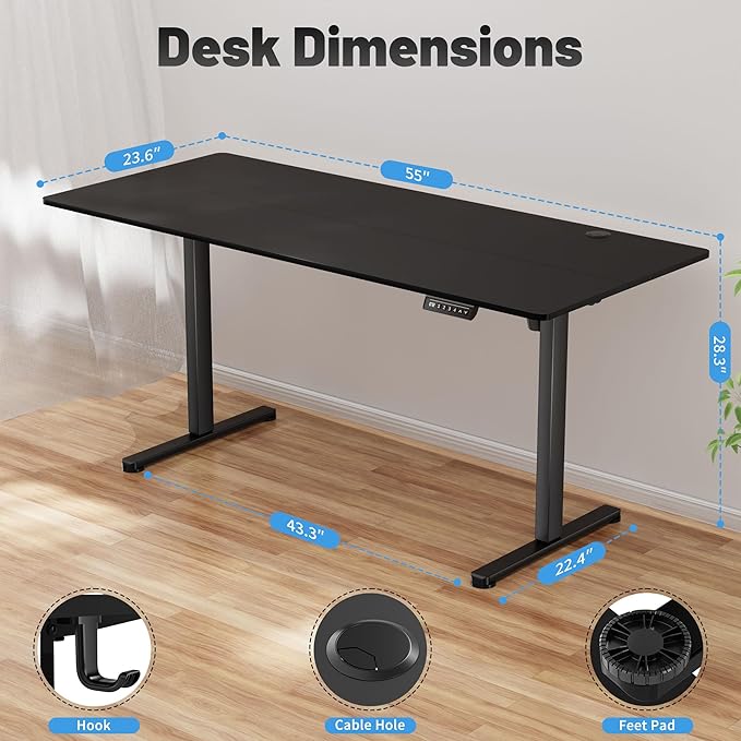 Shahoo 55 Inch Standing Desk, Electric Height Adjustable Computer Desks with Hook and Cable Hole, Black