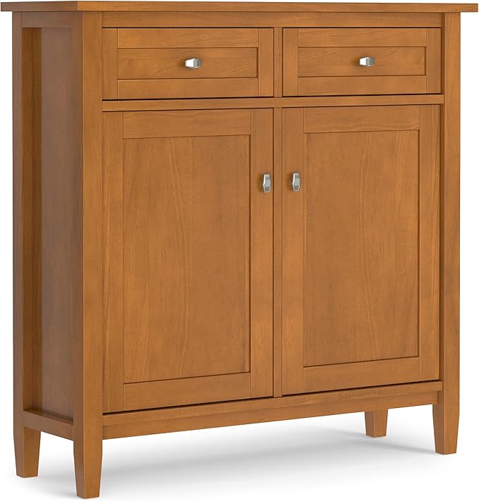 SIMPLIHOME Warm Shaker Solid Wood 36 inch Wide Transitional Entryway Storage Cabinet in Light Golden Brown for The Living Room, Entryway and Family Room